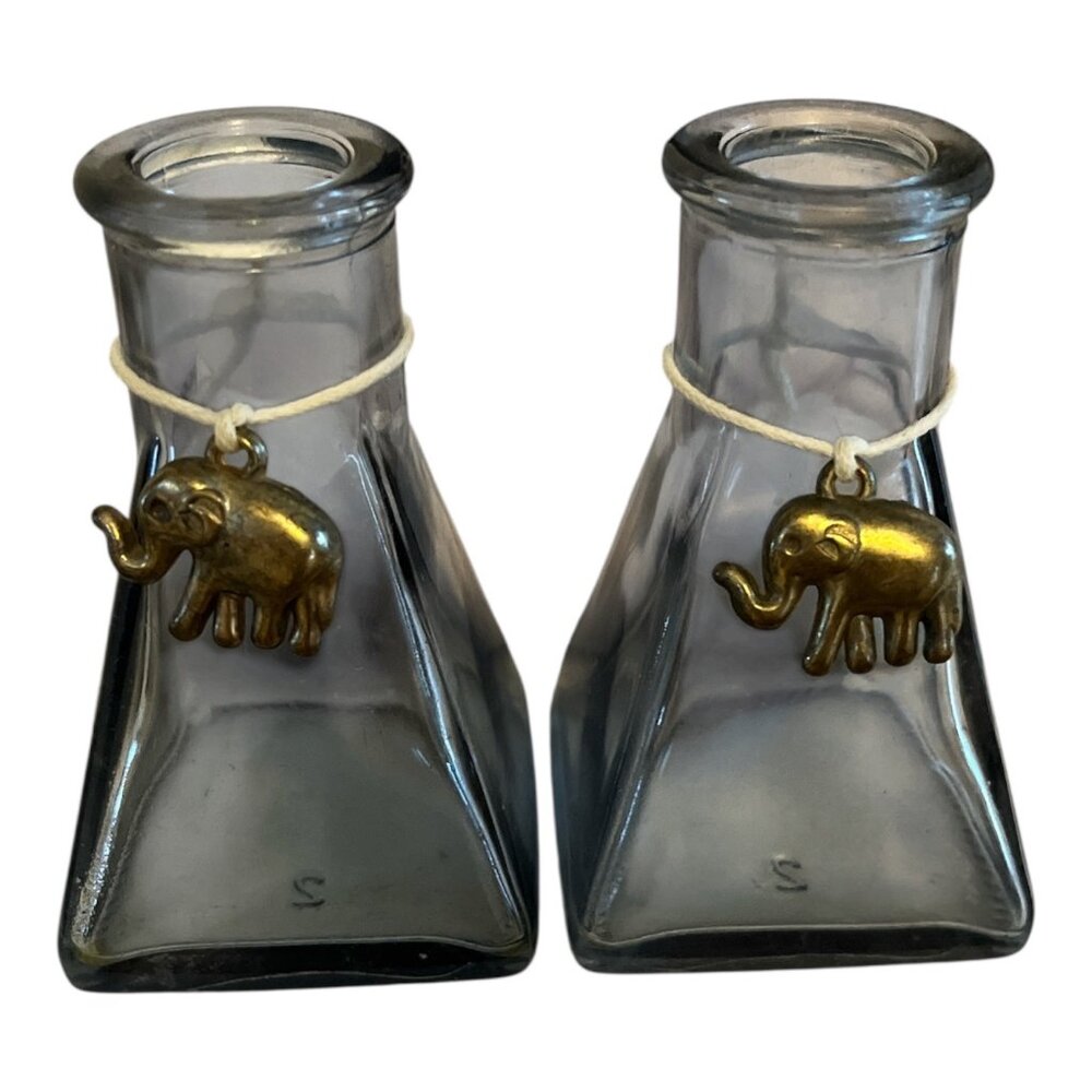 Vintage Square Glass Bottles with Brass Elephant Charms – 3.25” – Likely Used fo